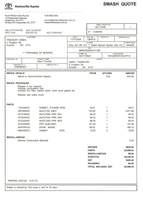 290 UKX275 Quotation to get to Roadworthy Condition